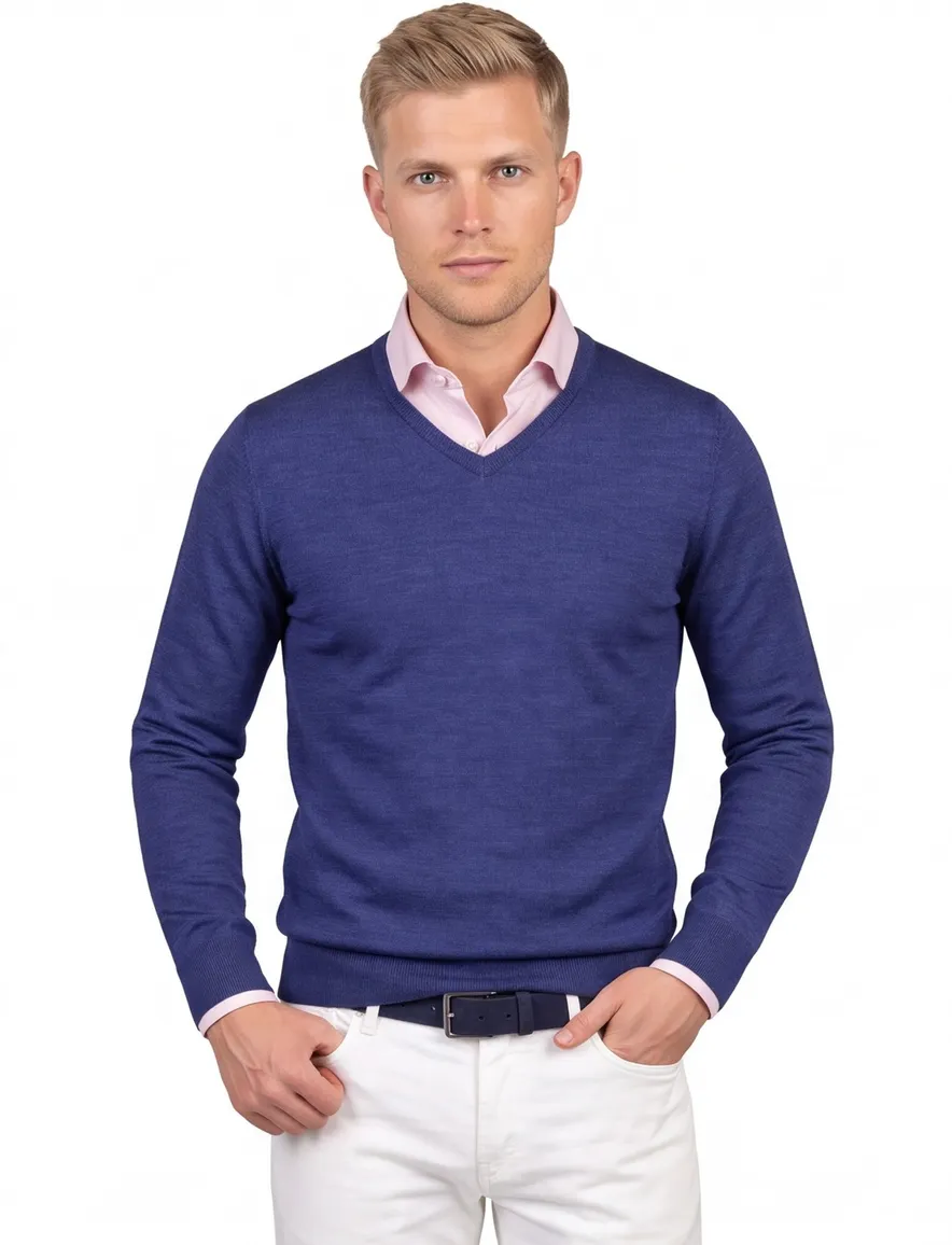 Portofino trui blauw extra long wol v-hals