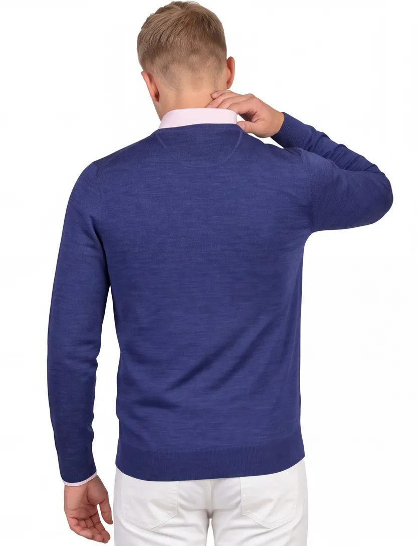 Portofino blauwe v-hals trui extra long wol