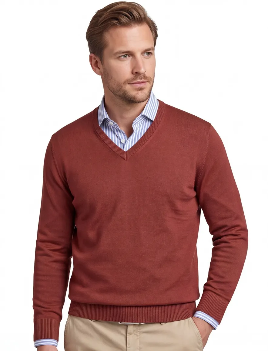 Maerz trui v-hals rood bruin effen wol wijde fit