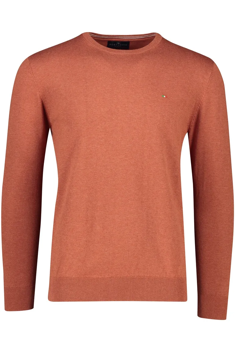 Portofino trui ronde hals katoen oranje/bruin effen