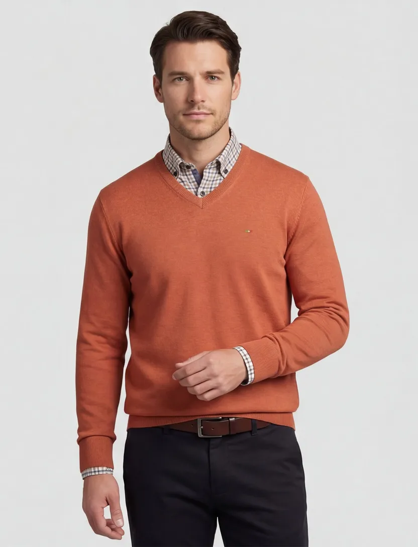 Portofino Vince trui v-hals oranje normale fit 100% katoen
