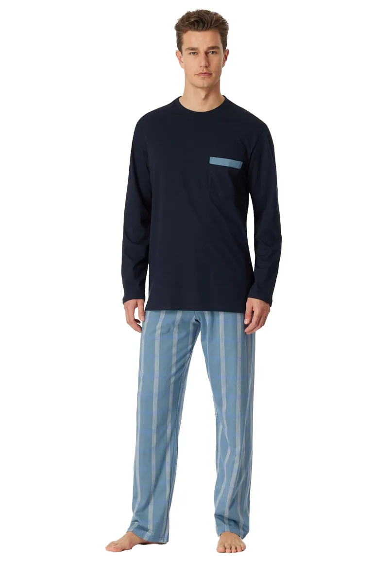 Schiesser Comfort Nightwear pyjama blauw geruit katoen