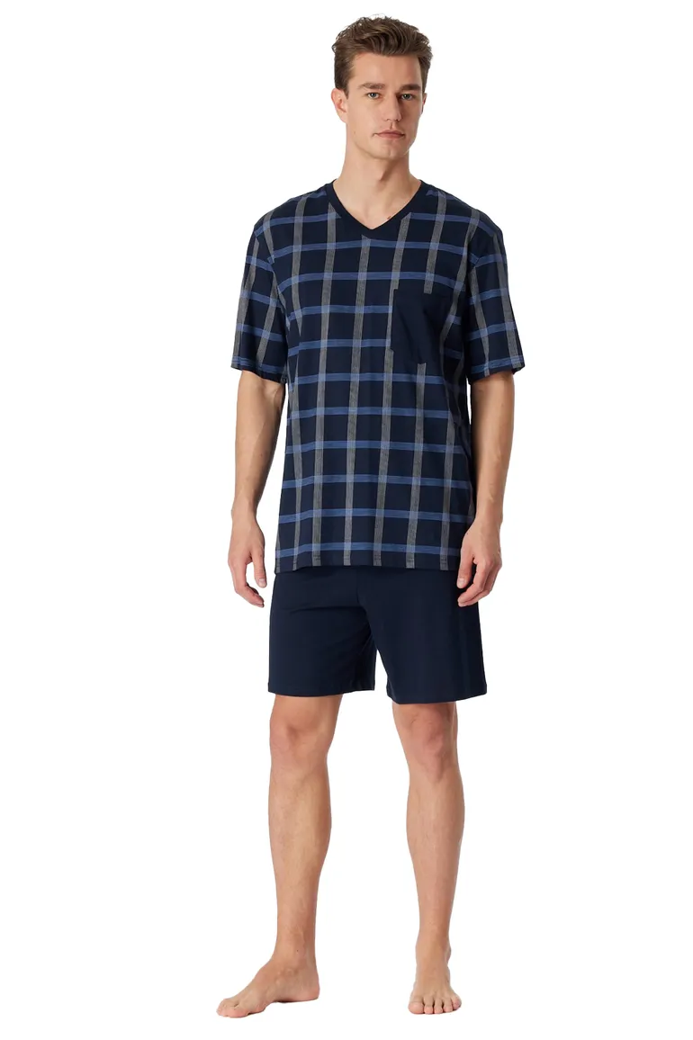 Schiesser Shortama donkerblauw geruit