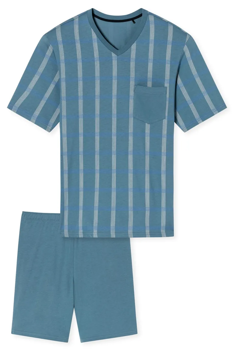 Lichtblauwe Schiesser Comfort Nightwear shortama geruit
