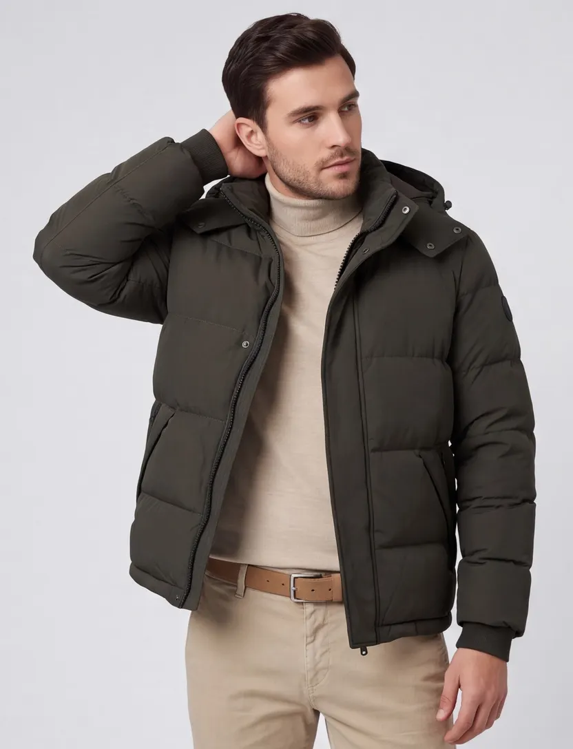 Reset winterjas groen effen rits + knoop normale fit afneembare capuchon