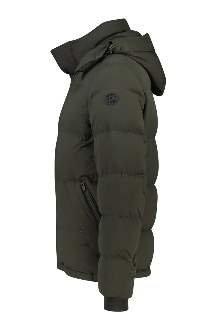 Reset winterjas groen effen rits + knoop normale fit afneembare capuchon