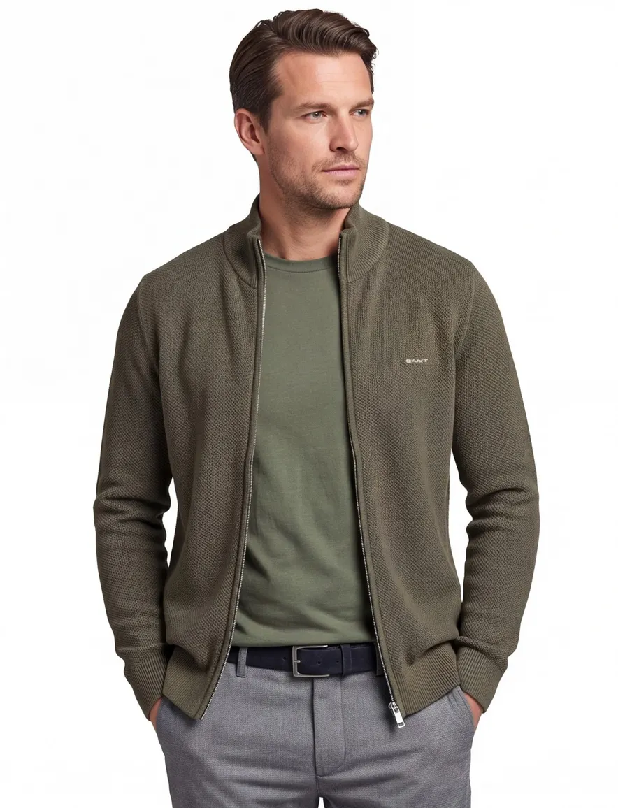 Gant vest groen rits effen 100% katoen normale fit