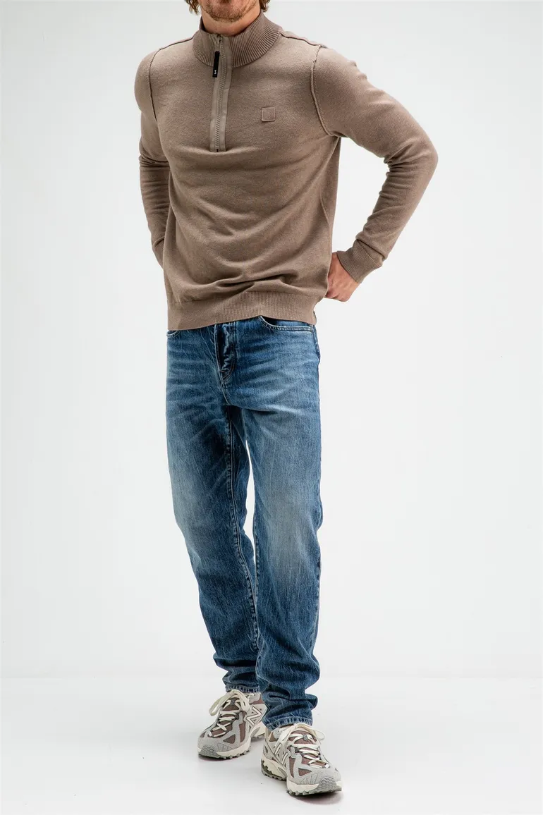 Butcher of Blue trui opstaande halfzip rits bruin wol