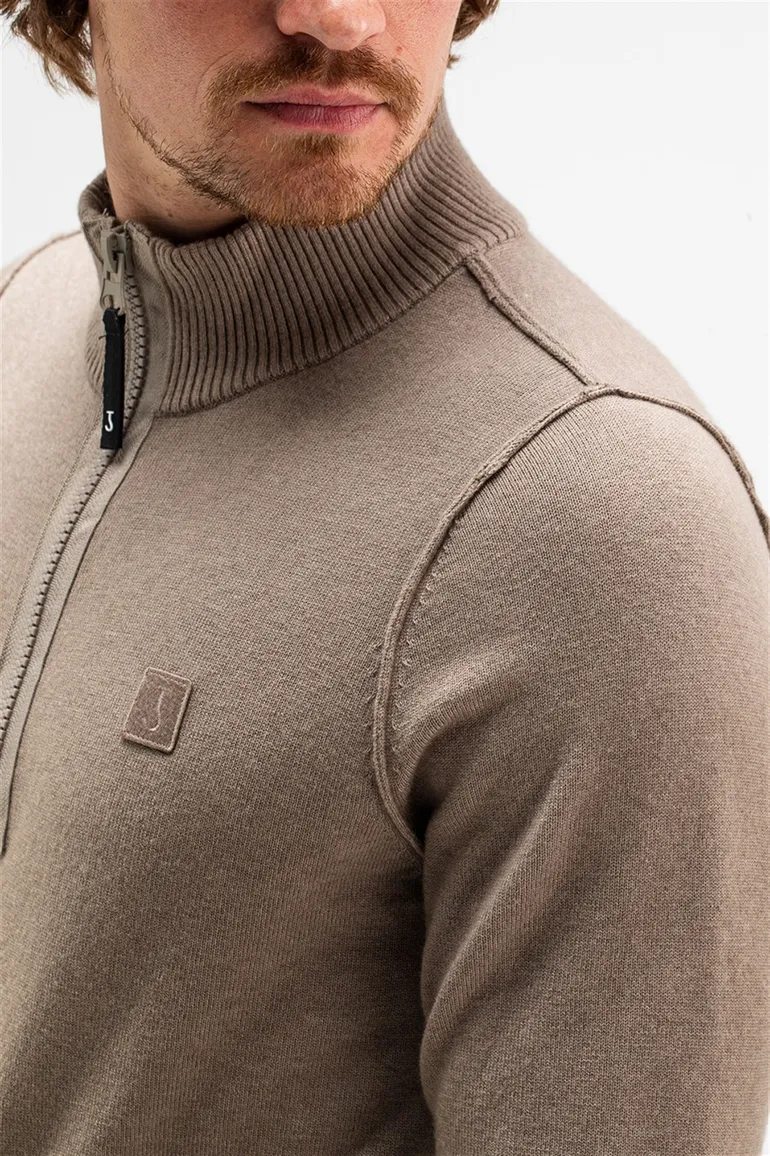 Butcher of Blue trui opstaande halfzip rits bruin wol