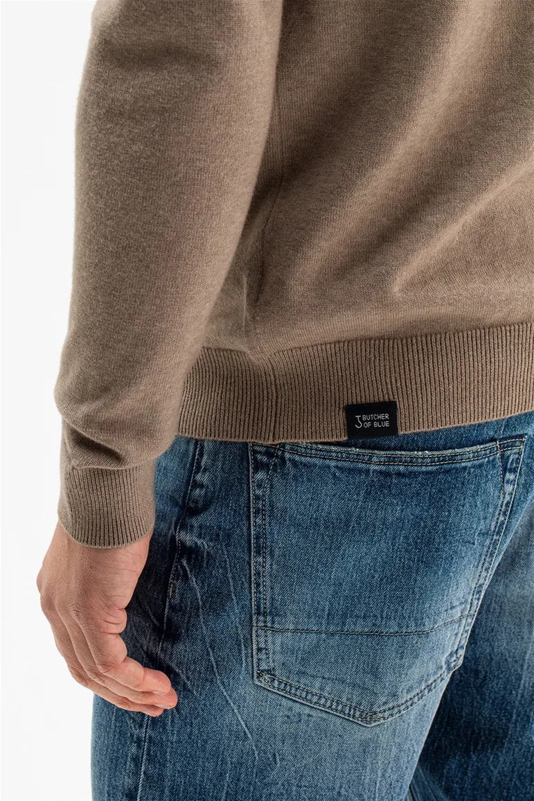 Butcher of Blue trui opstaande halfzip rits bruin wol