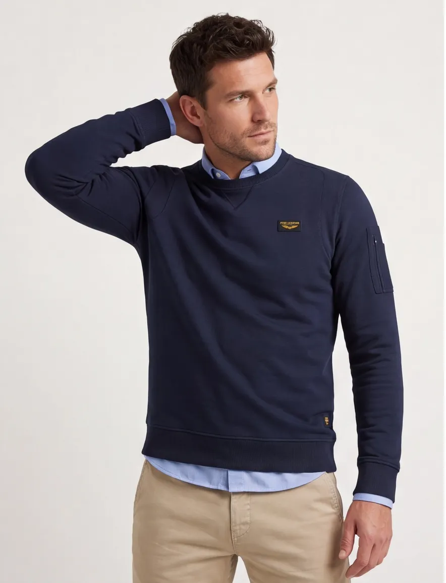PME Legend trui katoen ronde hals donkerblauw stretch