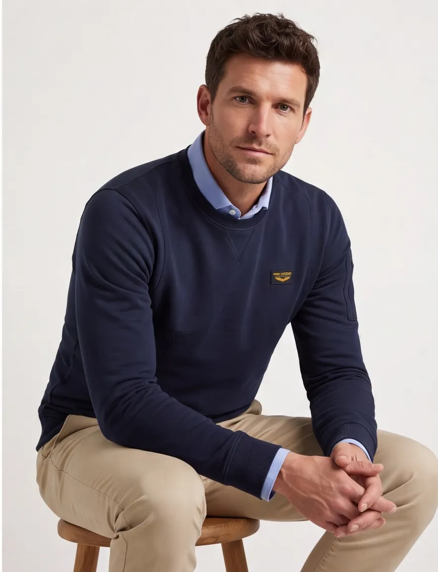 PME Legend trui katoen ronde hals donkerblauw stretch