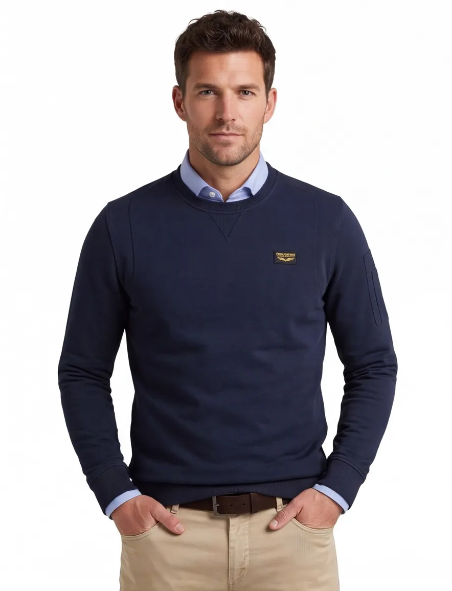 PME Legend trui ronde hals donkerblauw effen katoen