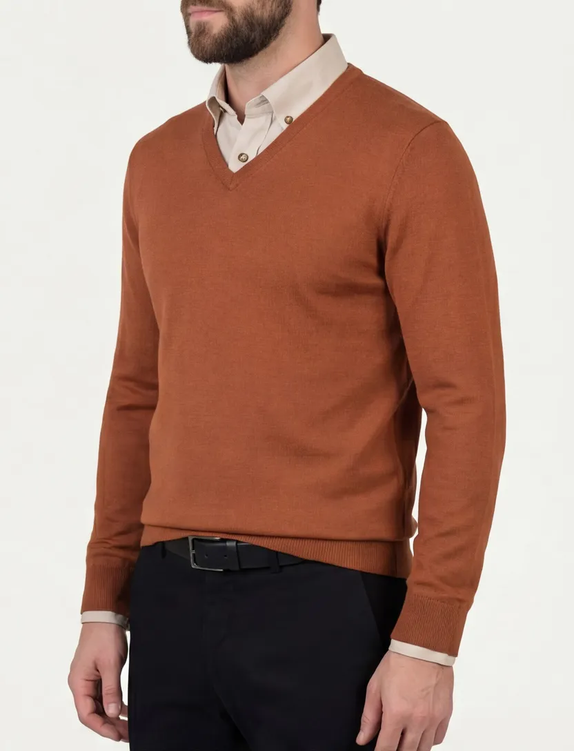 Born With Appetite trui v-hals oranje effen merinowol normale fit