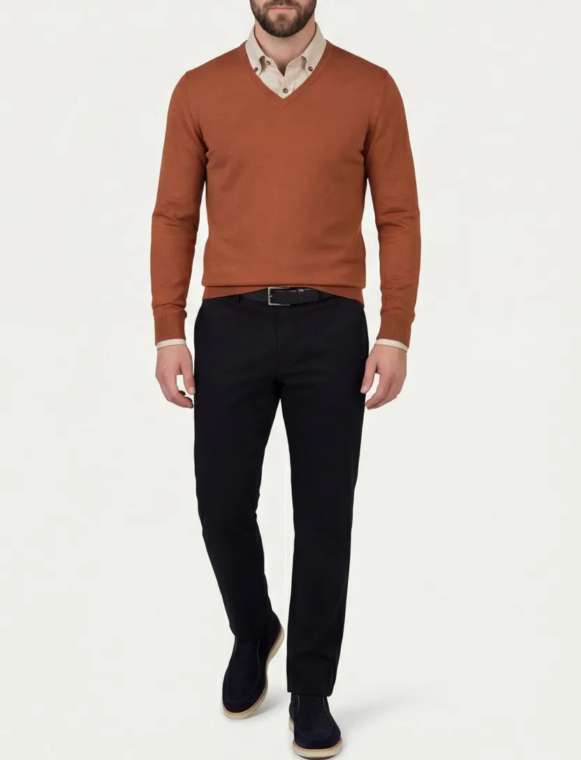 Born With Appetite trui v-hals oranje effen merinowol normale fit