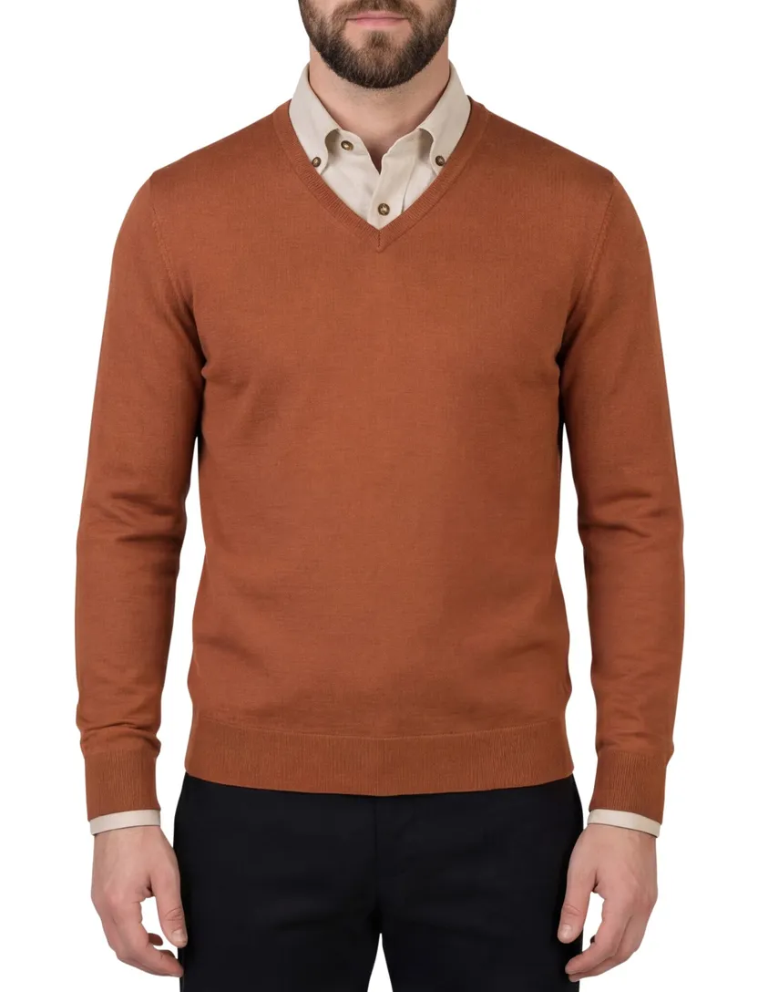 Born With Appetite trui v-hals oranje effen merinowol normale fit