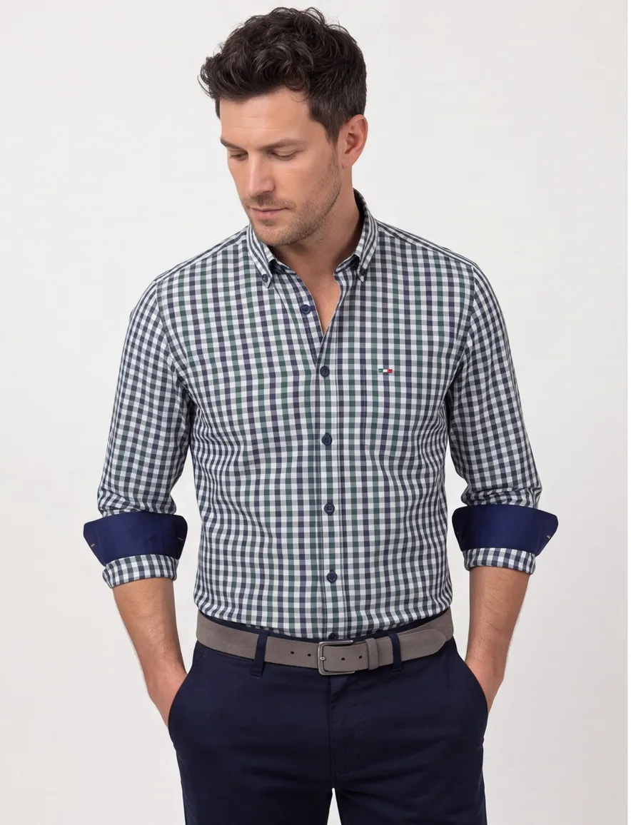 Portofino Overhemd blauw groen geruit regular fit