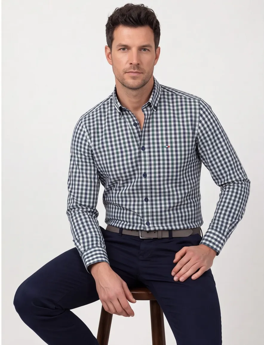 Portofino Overhemd blauw groen geruit regular fit