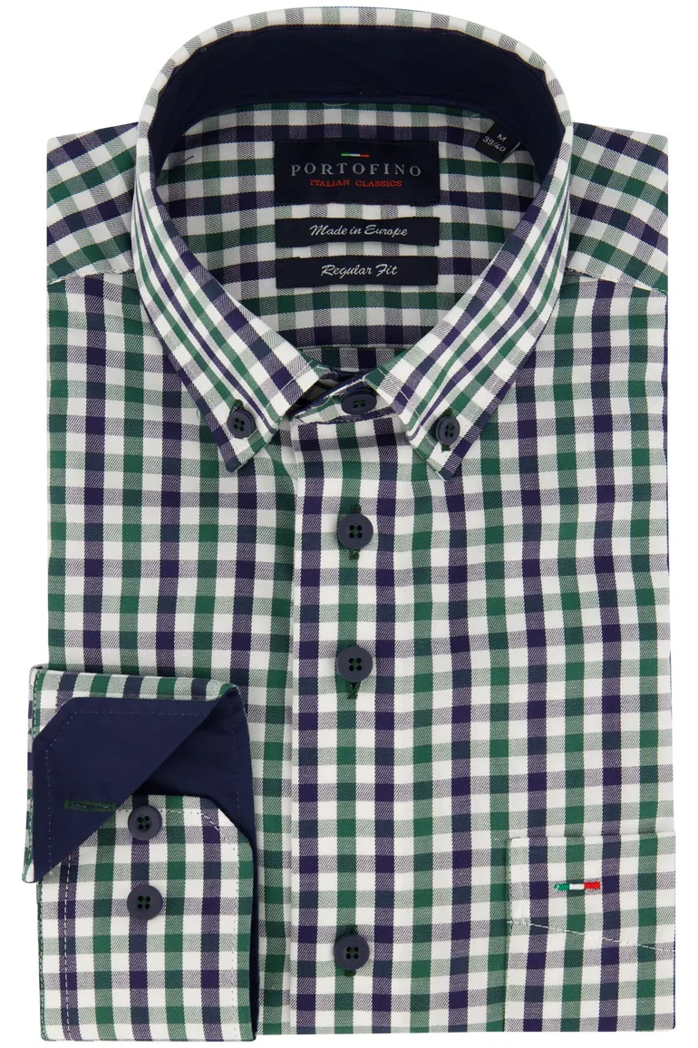 Portofino Overhemd blauw groen geruit regular fit