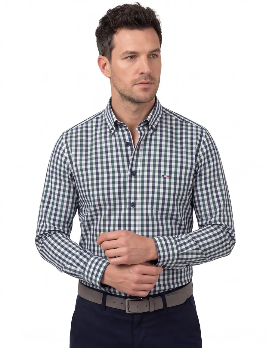 Portofino Overhemd blauw groen geruit regular fit