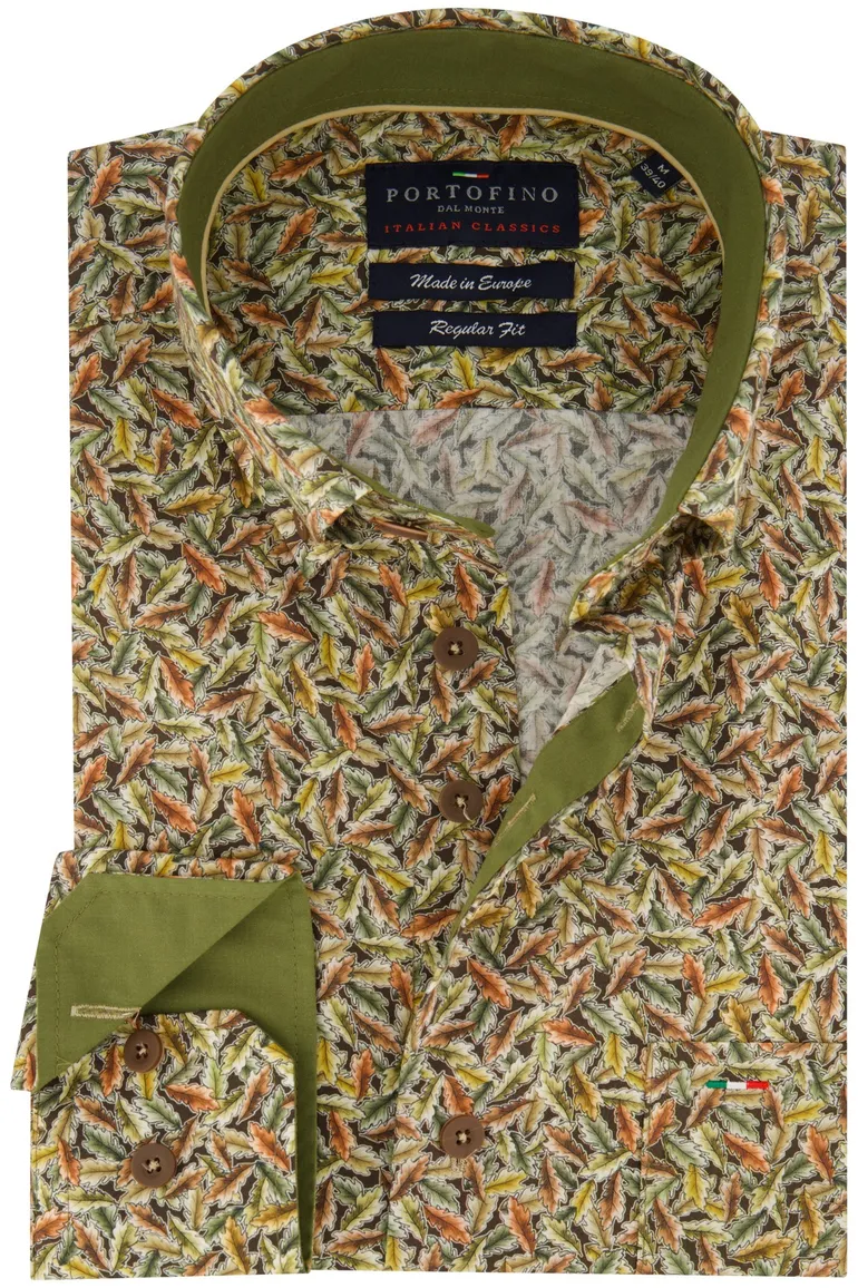Portofino overhemd katoen regular fit groen/bruin geprint
