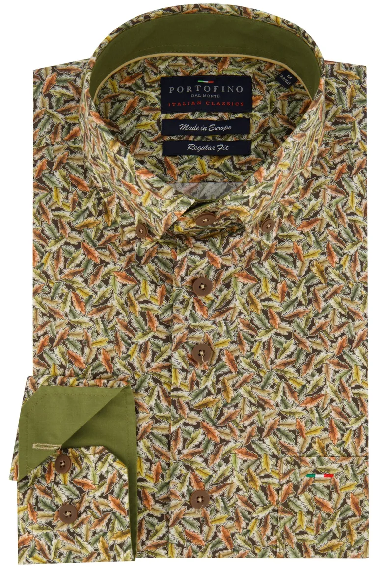 Portofino overhemd katoen regular fit groen/bruin geprint