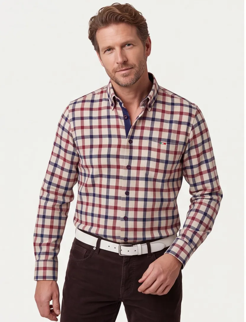 Portofino beige geruit overhemd regular fit katoen