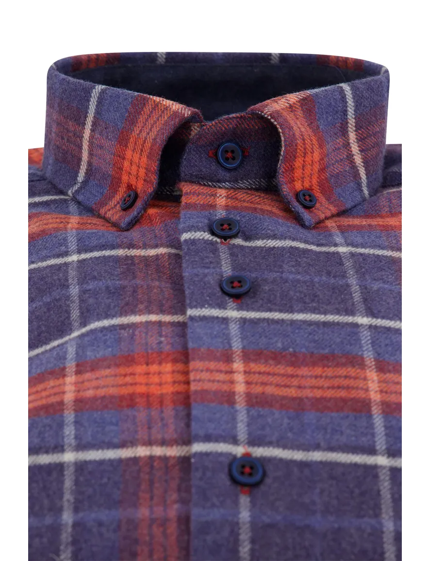 Portofino overhemd regular fit blauw/rood geruit katoen