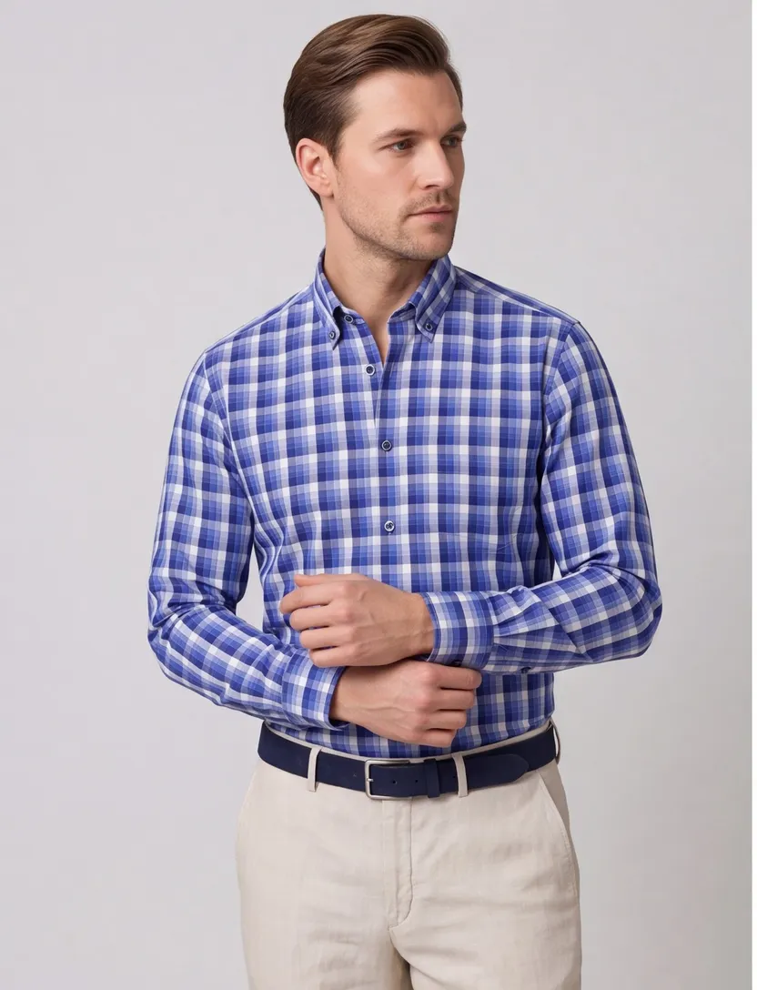 Eterna overhemd blauw geruit comfort fit katoen