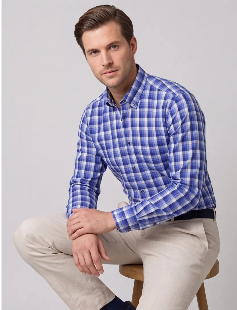 Eterna overhemd blauw geruit comfort fit katoen
