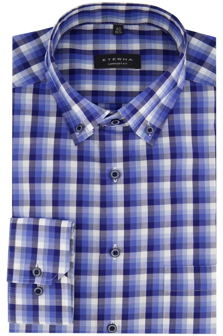 Eterna overhemd blauw geruit comfort fit katoen