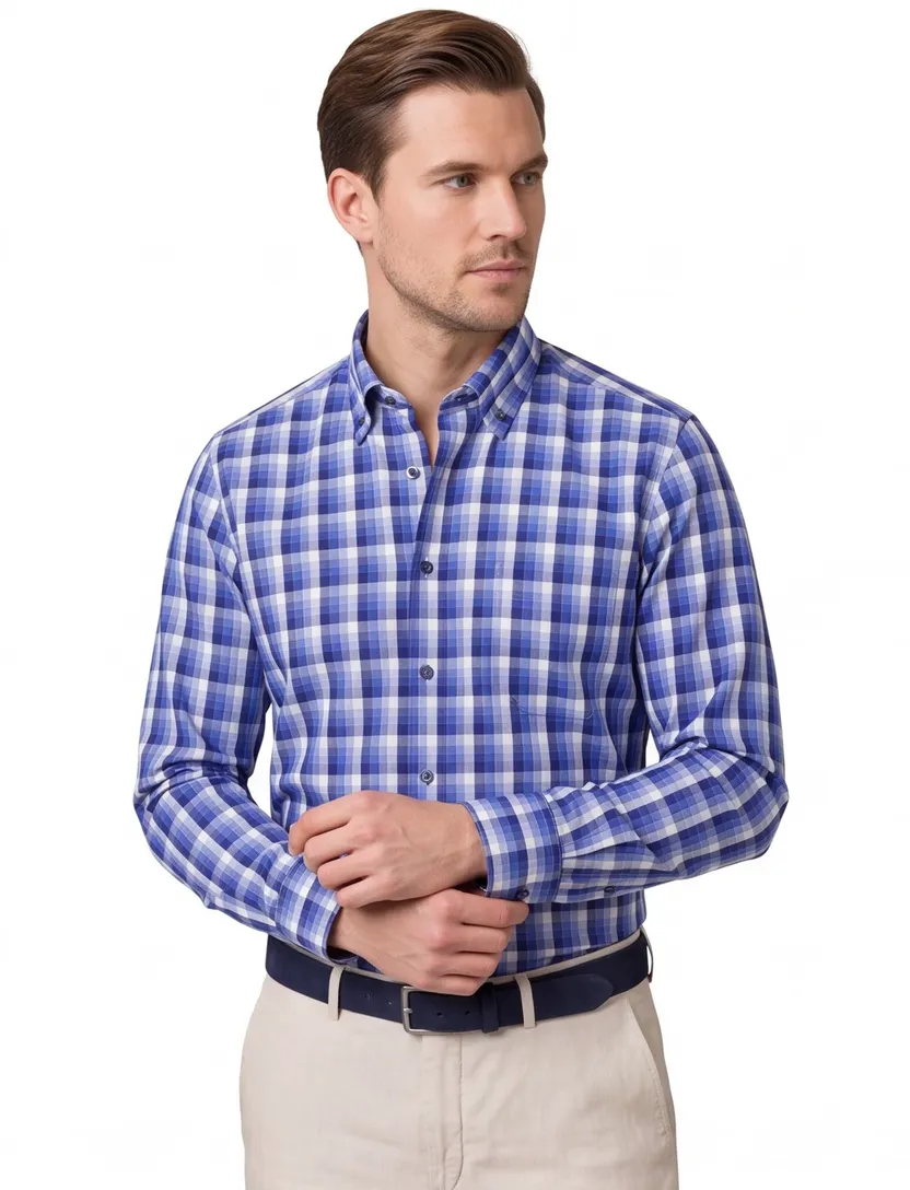 Eterna overhemd blauw geruit comfort fit katoen