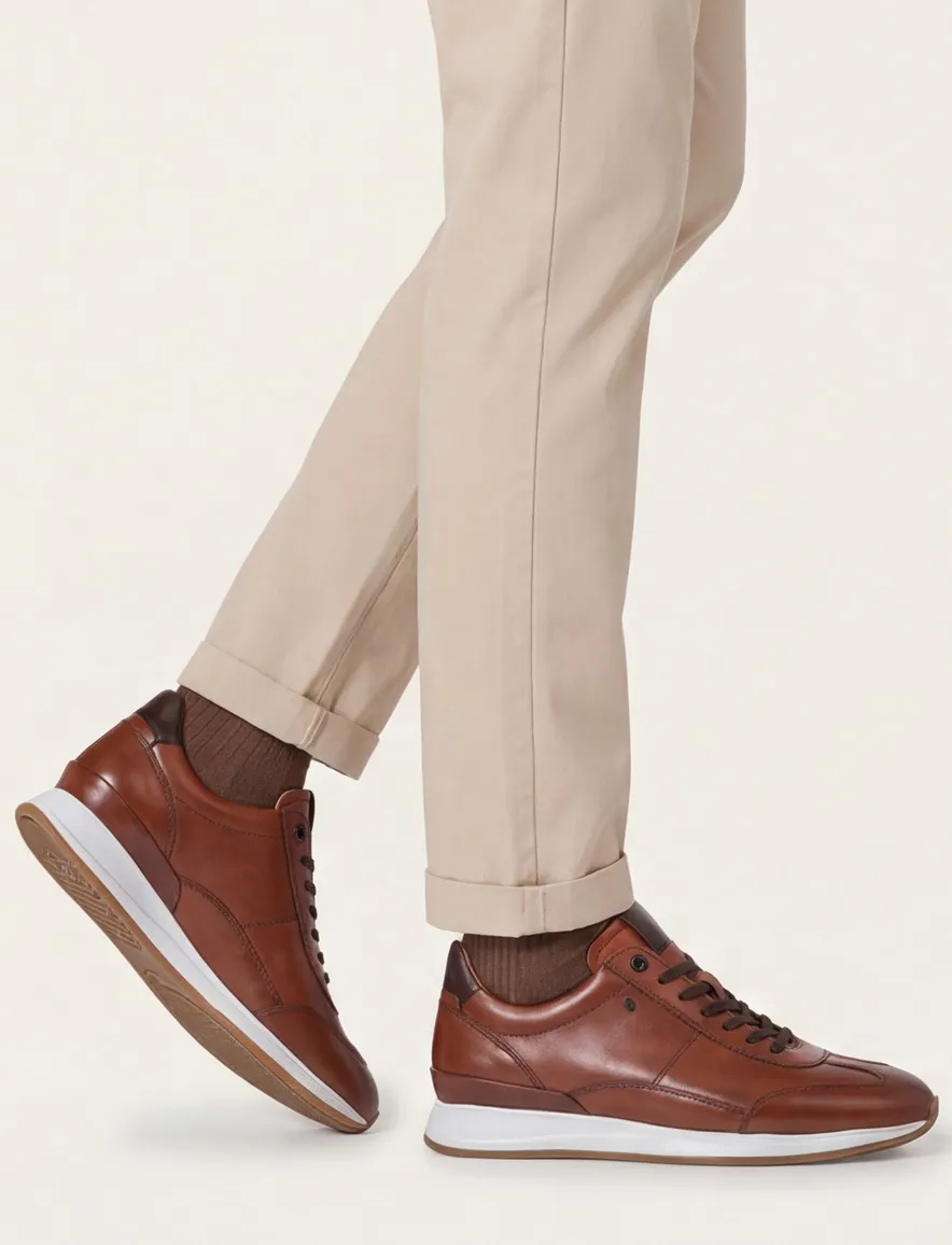 Floris van Bommel stoere sneakers bruin effen leer