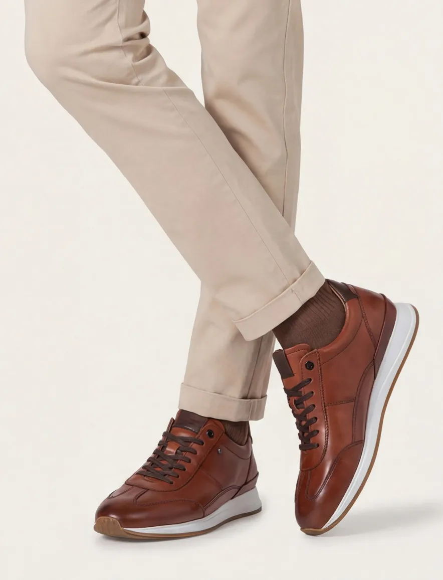 Floris van Bommel stoere sneakers bruin effen leer