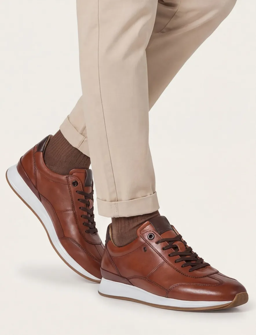Floris van Bommel stoere sneakers bruin effen leer