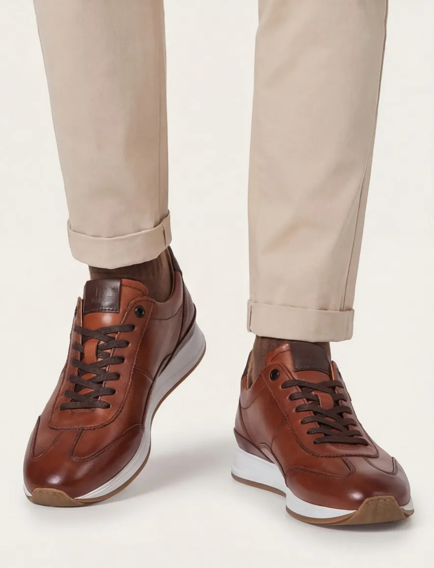 Floris van Bommel stoere sneakers bruin effen leer