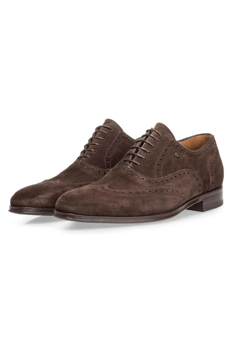 van Bommel veterschoen donkerbruin suede stippen