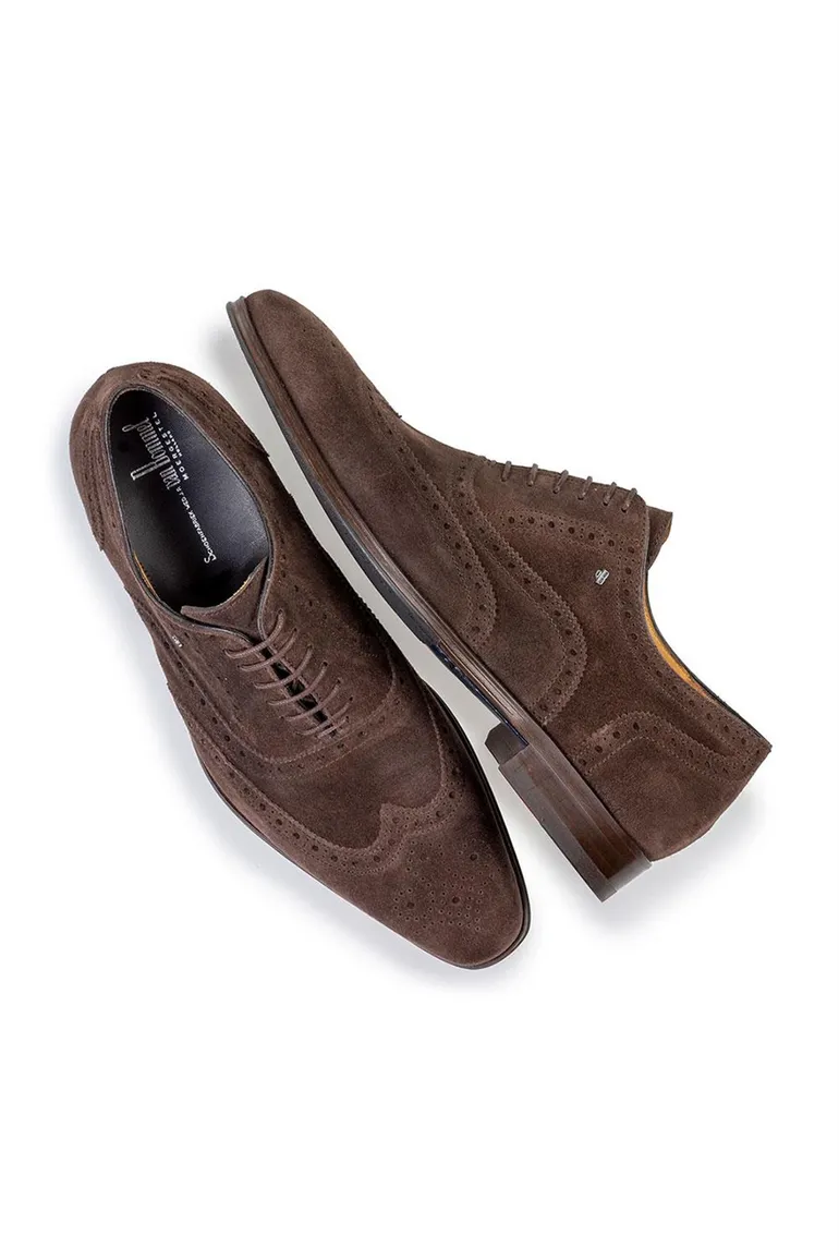 van Bommel veterschoen donkerbruin suede stippen
