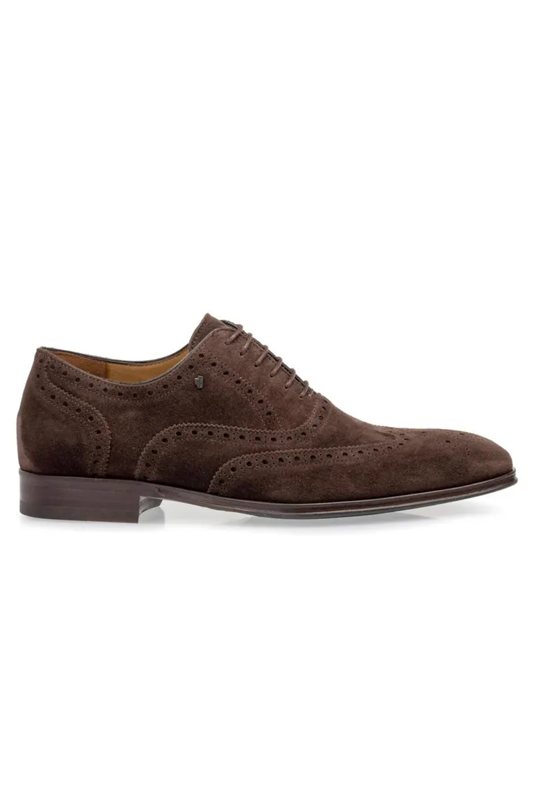 van Bommel veterschoen donkerbruin suede stippen