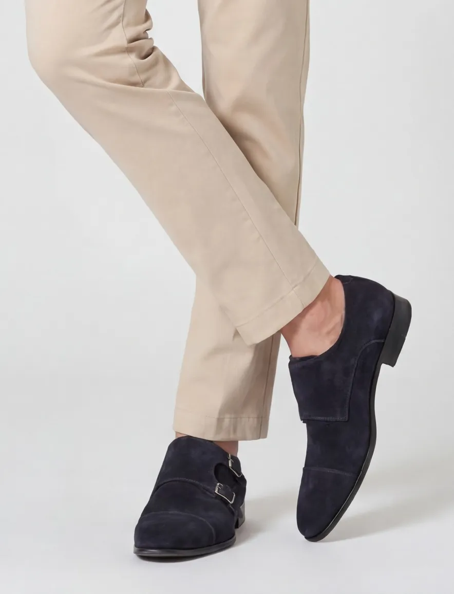 Floris van Bommel schoenen suede donkerblauw gesp