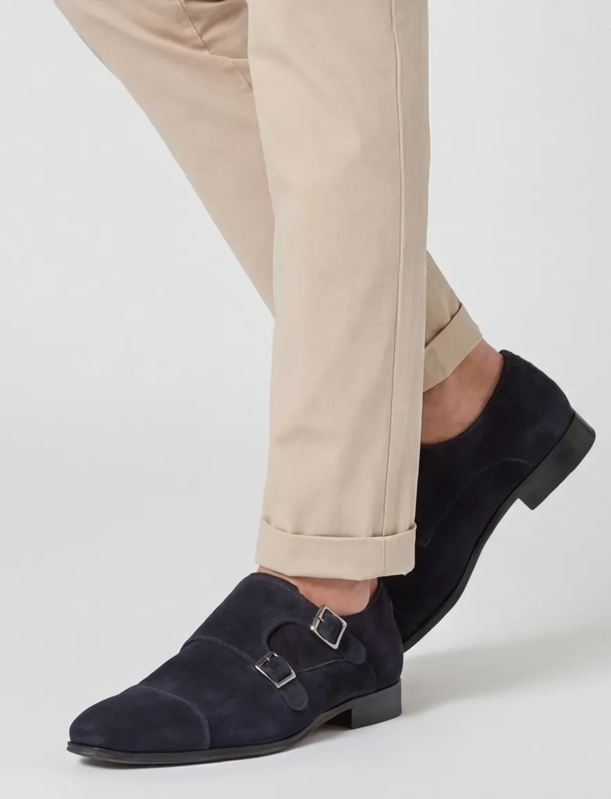 Floris van Bommel nette schoenen donkerblauw effen leer suede met gesp