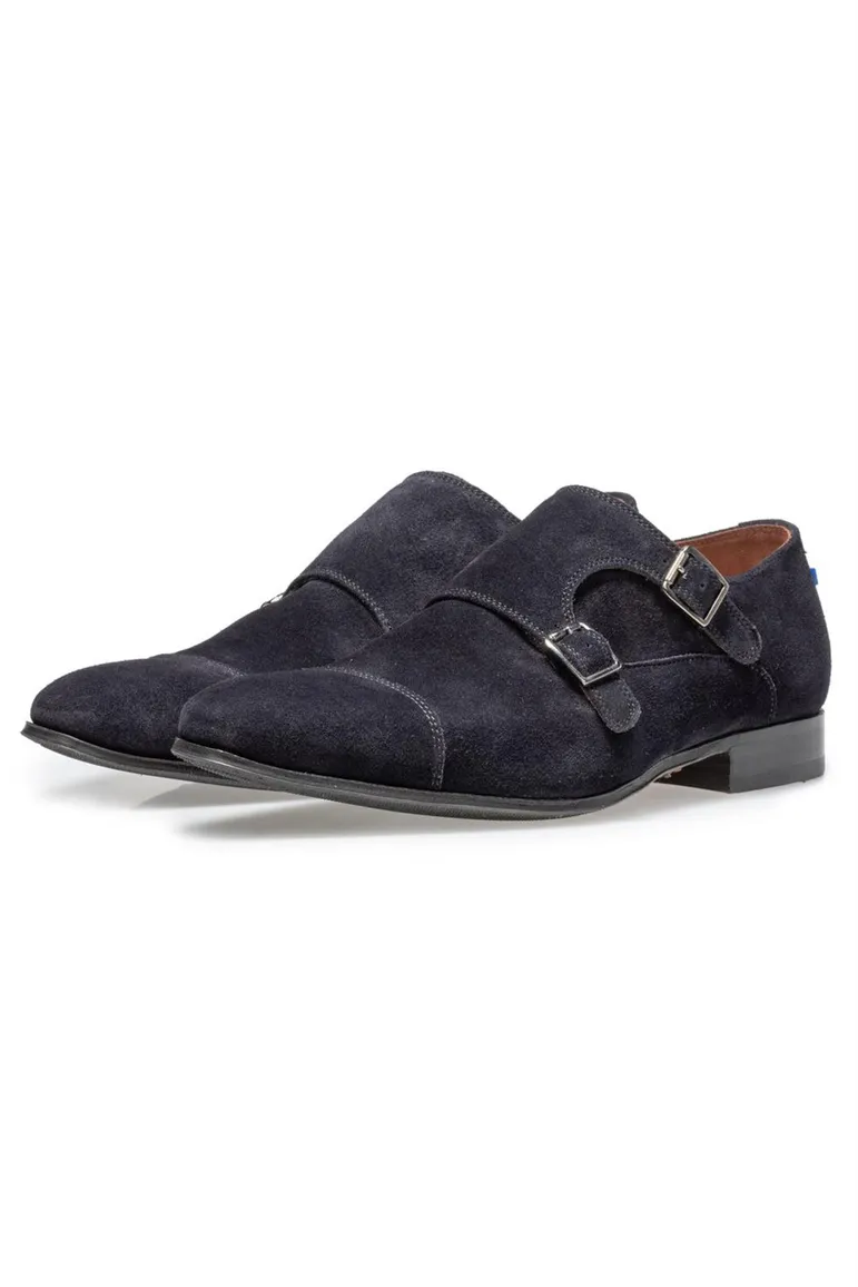 Floris van Bommel schoenen suede donkerblauw gesp