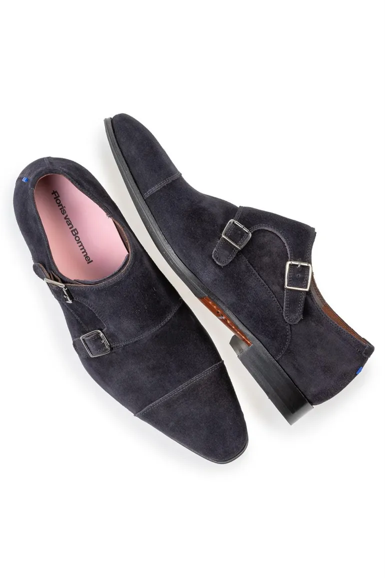 Floris van Bommel schoenen suede donkerblauw gesp