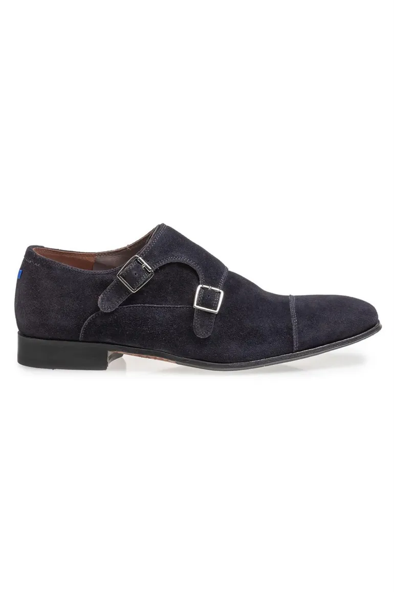 Floris van Bommel schoenen suede donkerblauw gesp