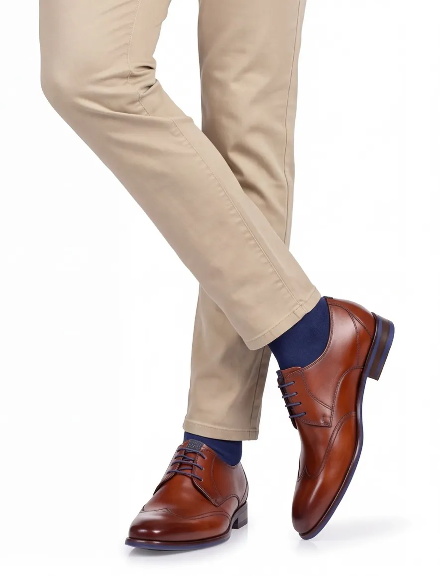 Floris van Bommel veterschoenen bruin effen blauwe details leer