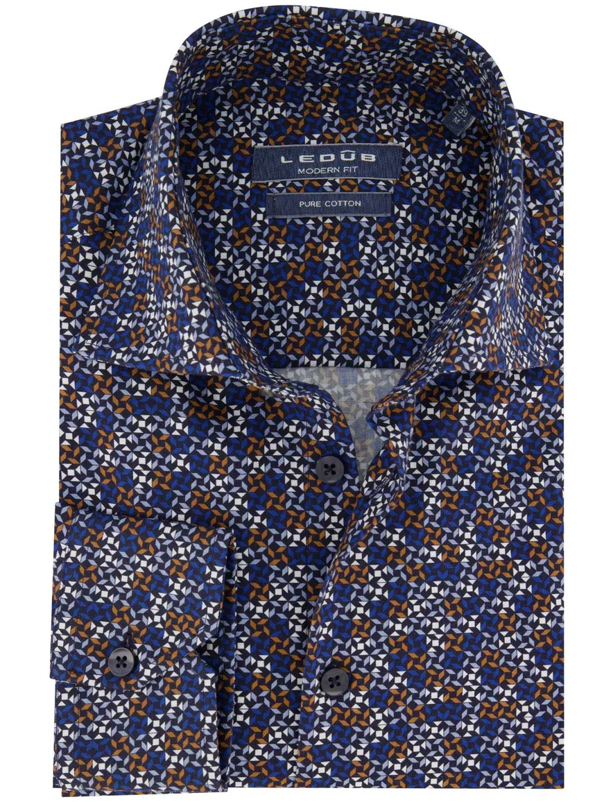 Ledub overhemd Modern Fit donkerblauw geprint katoen