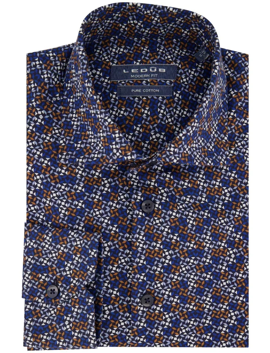 Ledub overhemd Modern Fit donkerblauw geprint katoen
