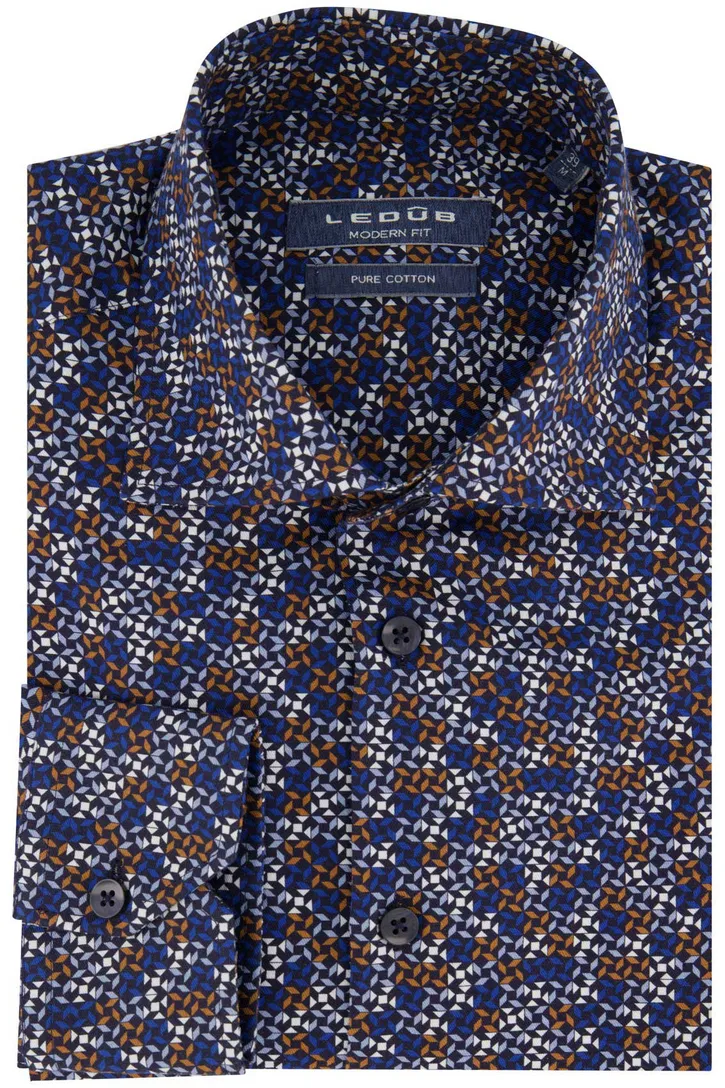 Ledub overhemd Modern Fit katoen donkerblauw geprint