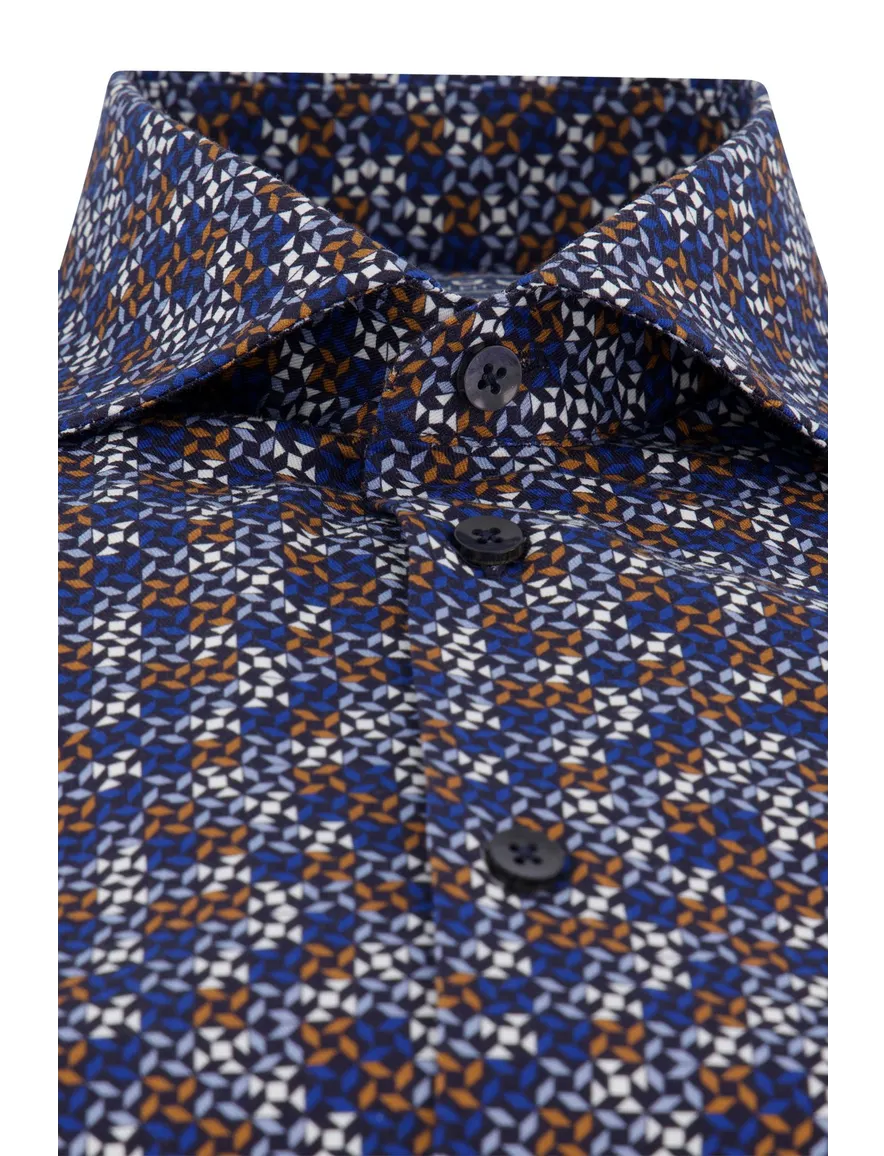 Ledub overhemd Modern Fit donkerblauw geprint katoen