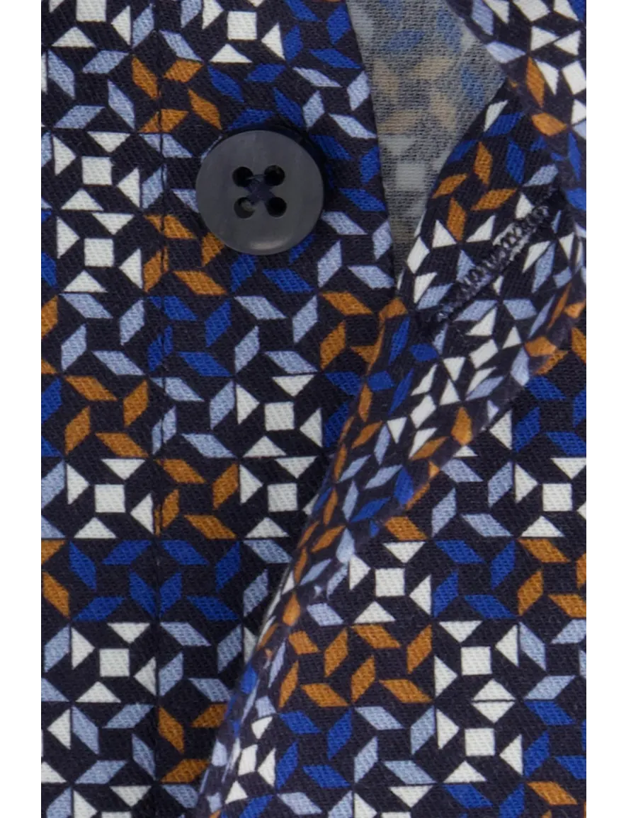 Ledub overhemd Modern Fit donkerblauw geprint katoen